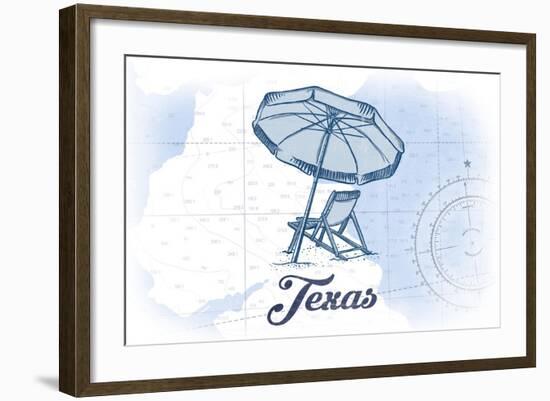 Texas - Beach Chair and Umbrella - Blue - Coastal Icon-Lantern Press-Framed Art Print