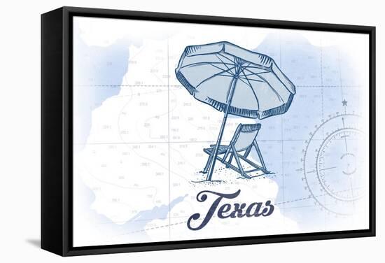 Texas - Beach Chair and Umbrella - Blue - Coastal Icon-Lantern Press-Framed Stretched Canvas