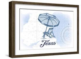 Texas - Beach Chair and Umbrella - Blue - Coastal Icon-Lantern Press-Framed Art Print