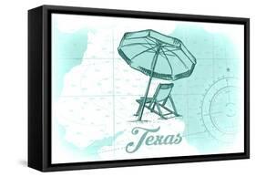 Texas - Beach Chair and Umbrella - Teal - Coastal Icon-Lantern Press-Framed Stretched Canvas
