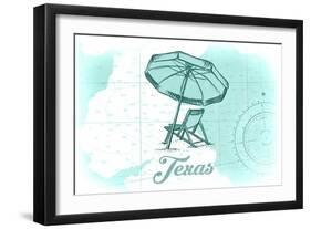 Texas - Beach Chair and Umbrella - Teal - Coastal Icon-Lantern Press-Framed Art Print