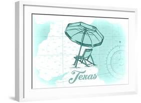 Texas - Beach Chair and Umbrella - Teal - Coastal Icon-Lantern Press-Framed Art Print