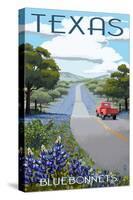 Texas - Bluebonnets and Highway-Lantern Press-Stretched Canvas