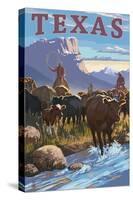 Texas - Cowboy Cattle Drive Scene-Lantern Press-Stretched Canvas