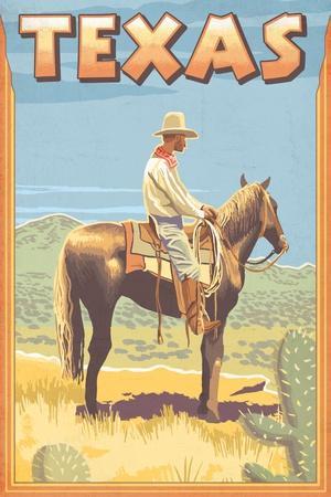 Texas - Cowboy on Horseback' Art - Lantern Press | AllPosters.com