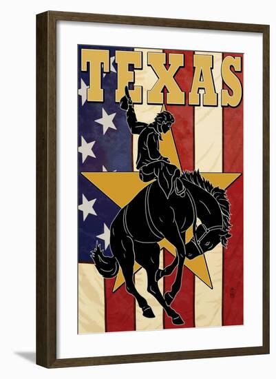 Texas - Cowboy with Bucking Bronco-Lantern Press-Framed Art Print