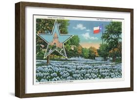 Texas - Exterior View of the State Capitol, the Flag, and a Field of Blue Bonnets, c.1948-Lantern Press-Framed Art Print