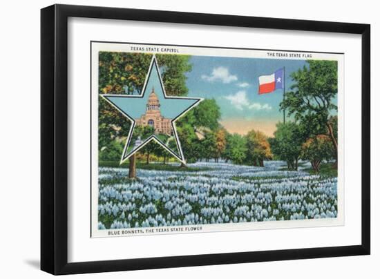 Texas - Exterior View of the State Capitol, the Flag, and a Field of Blue Bonnets, c.1948-Lantern Press-Framed Art Print