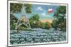 Texas - Exterior View of the State Capitol, the Flag, and a Field of Blue Bonnets, c.1948-Lantern Press-Mounted Art Print