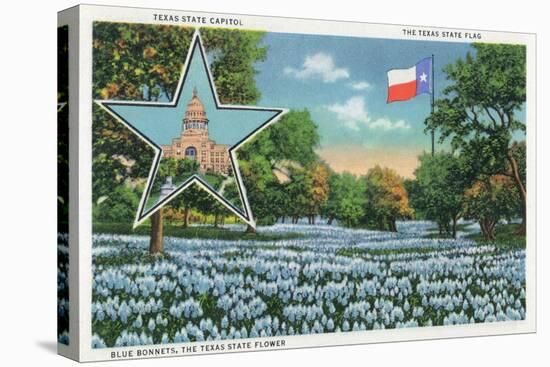 Texas - Exterior View of the State Capitol, the Flag, and a Field of Blue Bonnets, c.1948-Lantern Press-Stretched Canvas