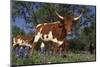 Texas Longhorn Cow in Field of Bluebonnets (Lupine Sp.), Marble Falls, Texas, USA-Lynn M^ Stone-Mounted Photographic Print