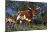 Texas Longhorn Cow in Field of Bluebonnets (Lupine Sp.), Marble Falls, Texas, USA-Lynn M^ Stone-Mounted Photographic Print
