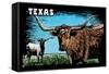 Texas - Longhorn - Scratchboard-Lantern Press-Framed Stretched Canvas