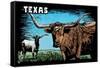 Texas - Longhorn - Scratchboard-Lantern Press-Framed Stretched Canvas