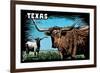 Texas - Longhorn - Scratchboard-Lantern Press-Framed Premium Giclee Print