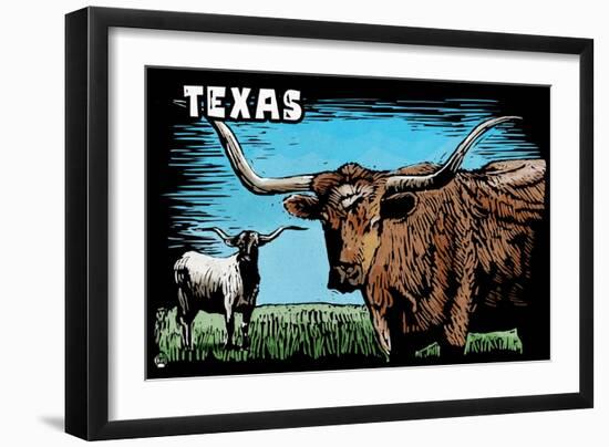 Texas - Longhorn - Scratchboard-Lantern Press-Framed Art Print