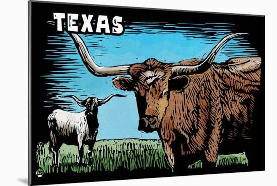 Texas - Longhorn - Scratchboard-Lantern Press-Mounted Art Print