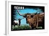 Texas - Longhorn - Scratchboard-Lantern Press-Framed Art Print