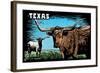 Texas - Longhorn - Scratchboard-Lantern Press-Framed Art Print