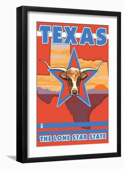 Texas, The Lone Star State, Longhorn Bull-Lantern Press-Framed Art Print