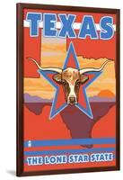 Texas, The Lone Star State, Longhorn Bull-Lantern Press-Framed Art Print