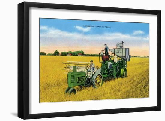 Texas - View of Farmers Harvesting Grain on a John Deere Tractor, c.1940-Lantern Press-Framed Art Print