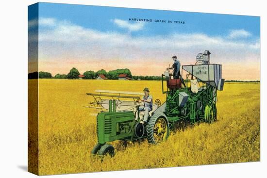 Texas - View of Farmers Harvesting Grain on a John Deere Tractor, c.1940-Lantern Press-Stretched Canvas