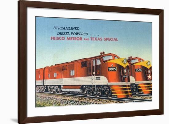 Texas - View of the Frisco Meteor and Texas Special Trains-Lantern Press-Framed Premium Giclee Print
