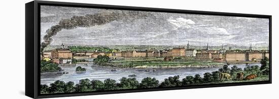 Textile Mills Line the Merrimac and Concord Rivers in Lowell, Massachusetts, c.1830-null-Framed Stretched Canvas