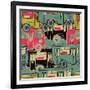 Textile Seamless Pattern of Colored Buses-Dark ink-Framed Art Print