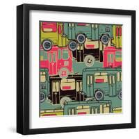 Textile Seamless Pattern of Colored Buses-Dark ink-Framed Art Print