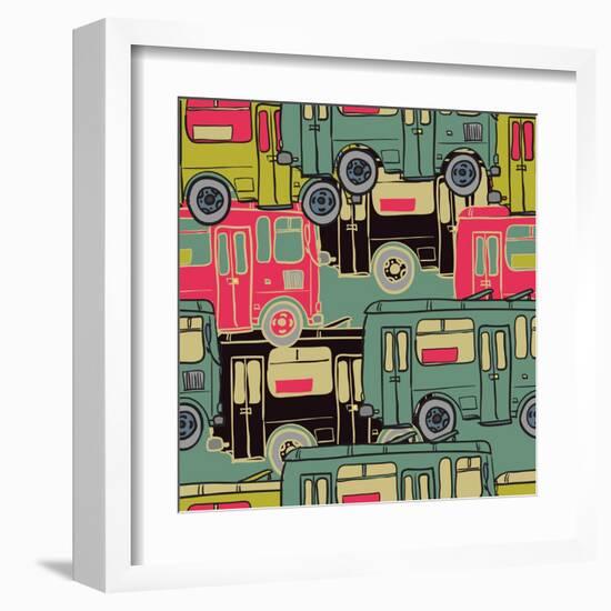 Textile Seamless Pattern of Colored Buses-Dark ink-Framed Art Print