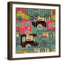 Textile Seamless Pattern of Colored Buses-Dark ink-Framed Art Print