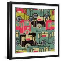 Textile Seamless Pattern of Colored Buses-Dark ink-Framed Art Print