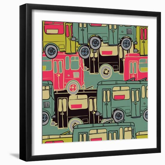 Textile Seamless Pattern of Colored Buses-Dark ink-Framed Art Print