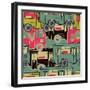 Textile Seamless Pattern of Colored Buses-Dark ink-Framed Art Print