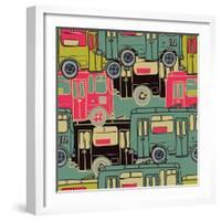 Textile Seamless Pattern of Colored Buses-Dark ink-Framed Art Print