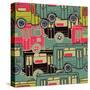 Textile Seamless Pattern of Colored Buses-Dark ink-Stretched Canvas
