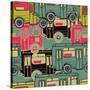 Textile Seamless Pattern of Colored Buses-Dark ink-Stretched Canvas