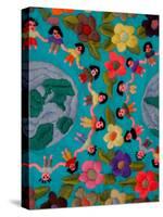 Textile with Children Holding Hands, Lake Atitlan, Western Highlands, Guatemala-Cindy Miller Hopkins-Stretched Canvas