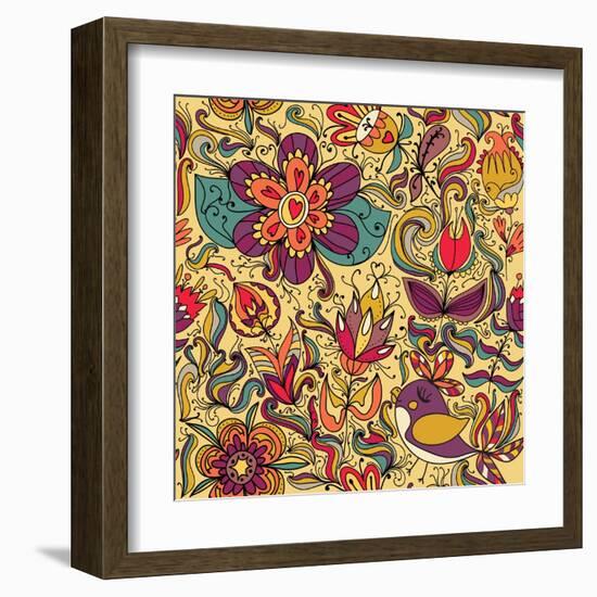 Texture with Flowers and Birds-Little_cuckoo-Framed Art Print