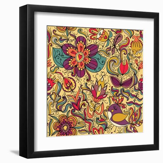 Texture with Flowers and Birds-Little_cuckoo-Framed Art Print