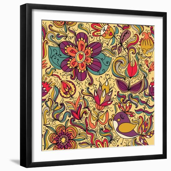 Texture with Flowers and Birds-Little_cuckoo-Framed Premium Giclee Print