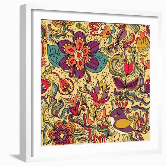 Texture with Flowers and Birds-Little_cuckoo-Framed Premium Giclee Print