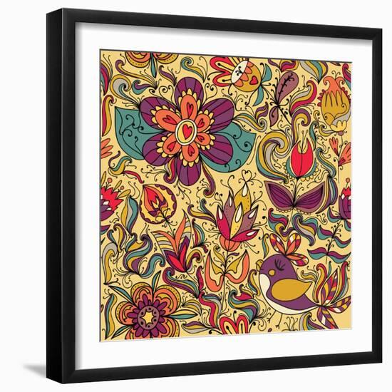 Texture with Flowers and Birds-Little_cuckoo-Framed Art Print
