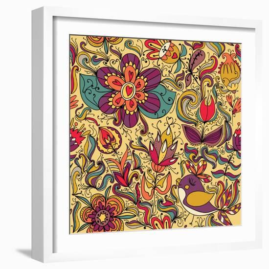 Texture with Flowers and Birds-Little_cuckoo-Framed Art Print