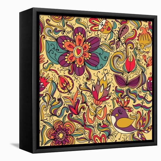 Texture with Flowers and Birds-Little_cuckoo-Framed Stretched Canvas