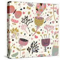 Texture with Flowers, Birds and Butterflies-smilewithjul-Stretched Canvas