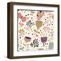 Texture with Flowers, Birds and Butterflies-smilewithjul-Framed Art Print