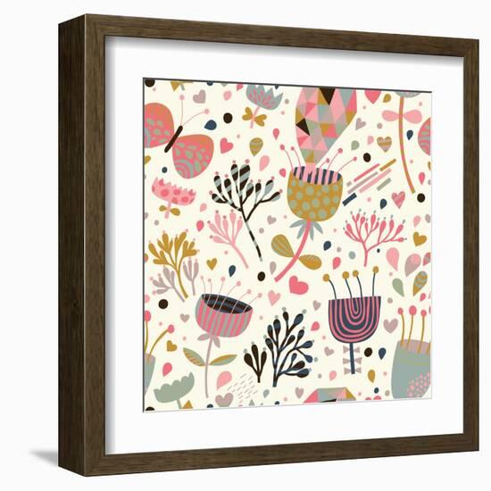Texture with Flowers, Birds and Butterflies-smilewithjul-Framed Art Print